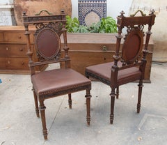Pair of Hand Carved Wooden Chairs with Bronze Fish Decoration