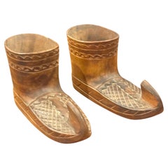 Pair of Hand-Carved Wooden Folk Art Boots, Miniature Sculptural Objects