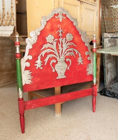 Pair of Hand Carved Wooden Headboards in Red and Silver