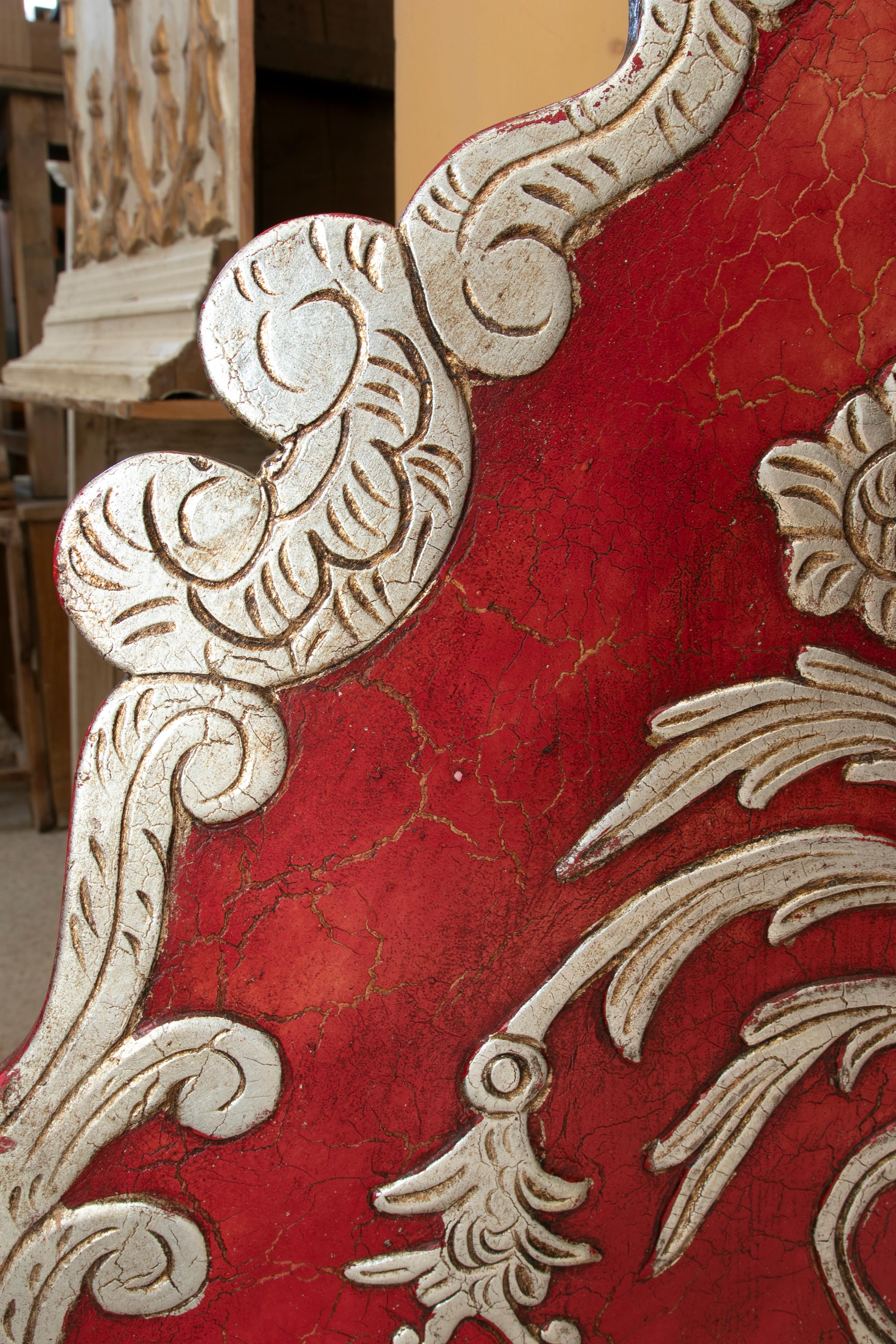 European Pair of Hand Carved Wooden Headboards in Red and Silver For Sale