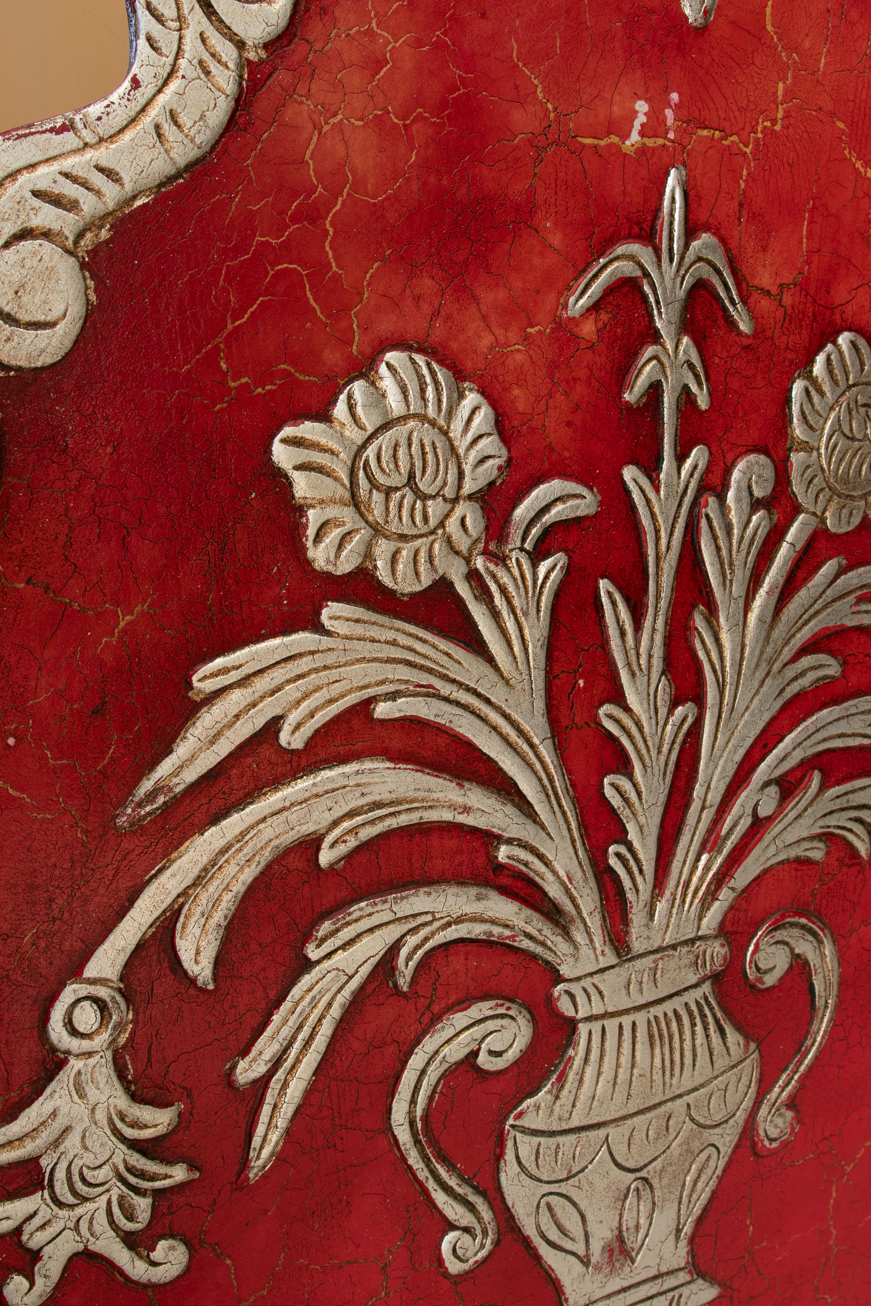Hand-Painted Pair of Hand Carved Wooden Headboards in Red and Silver For Sale