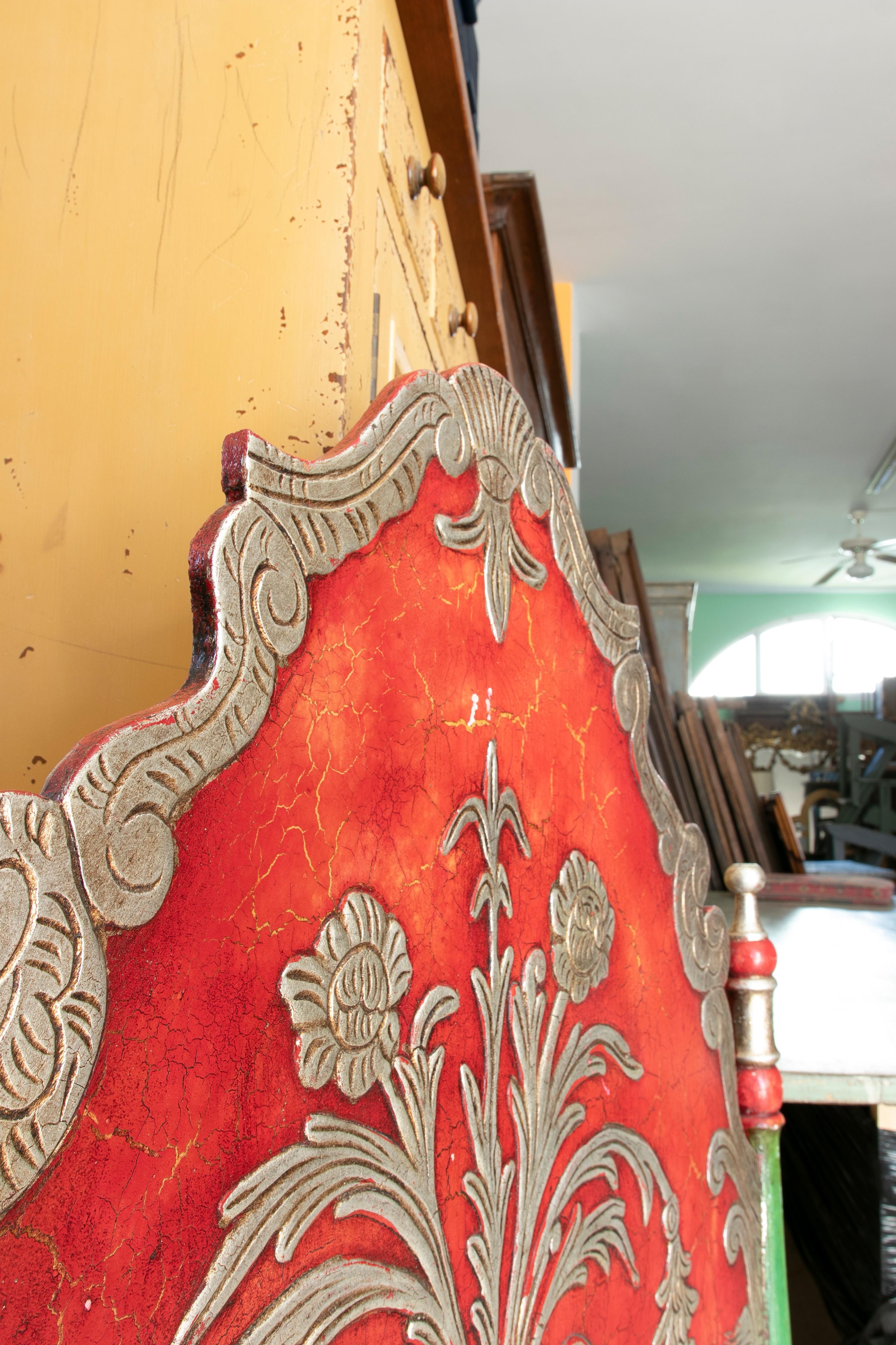 Pair of Hand Carved Wooden Headboards in Red and Silver For Sale 1