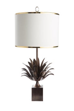 Pair of hand cast Bronze and Brass Pineapple leaf Table lamps with glass finial