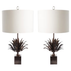 Pair of hand cast Bronze and Brass Pineapple leaf Table lamps with glass finial
