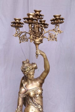 Pair of Hand Cast Bronze Continental Ladies Holding Five-Arm Candelabras