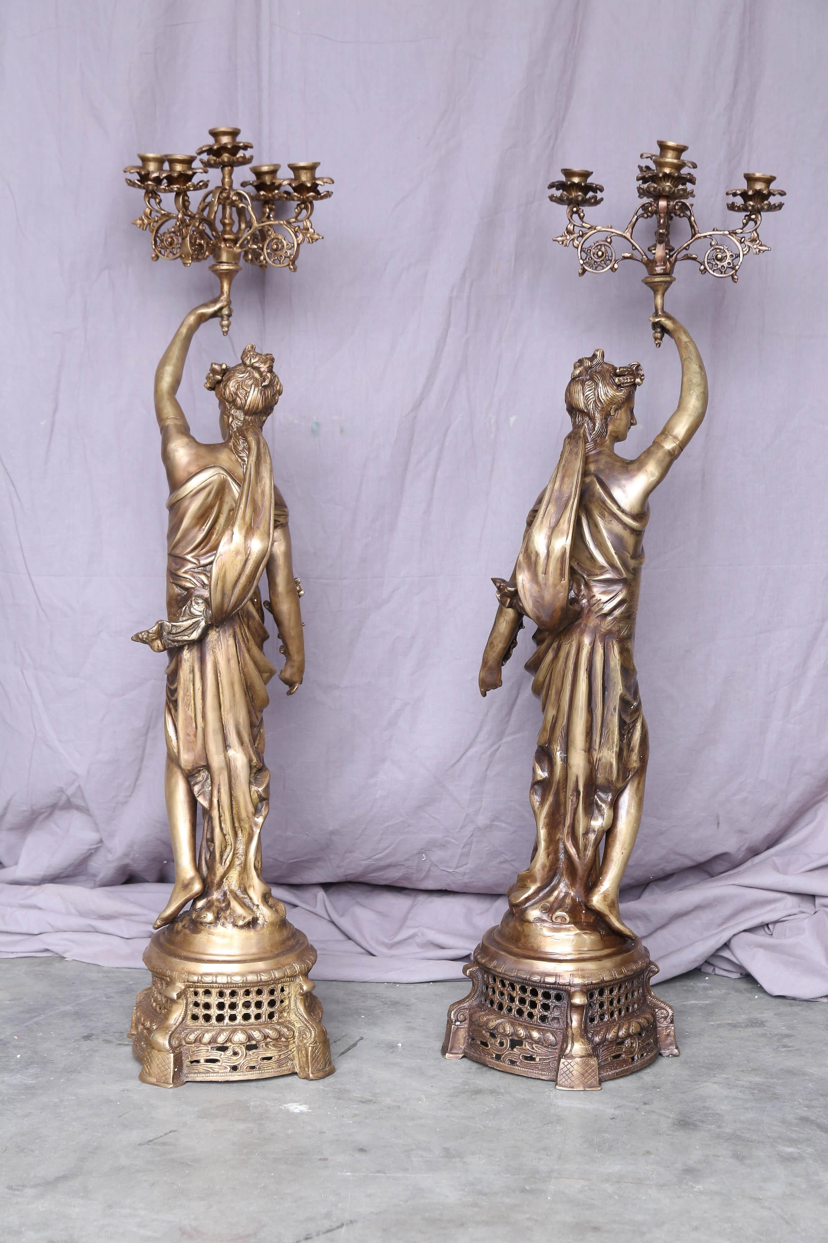 Pair of Hand Cast Bronze Continental Ladies Holding Five-Arm Candelabras For Sale 1