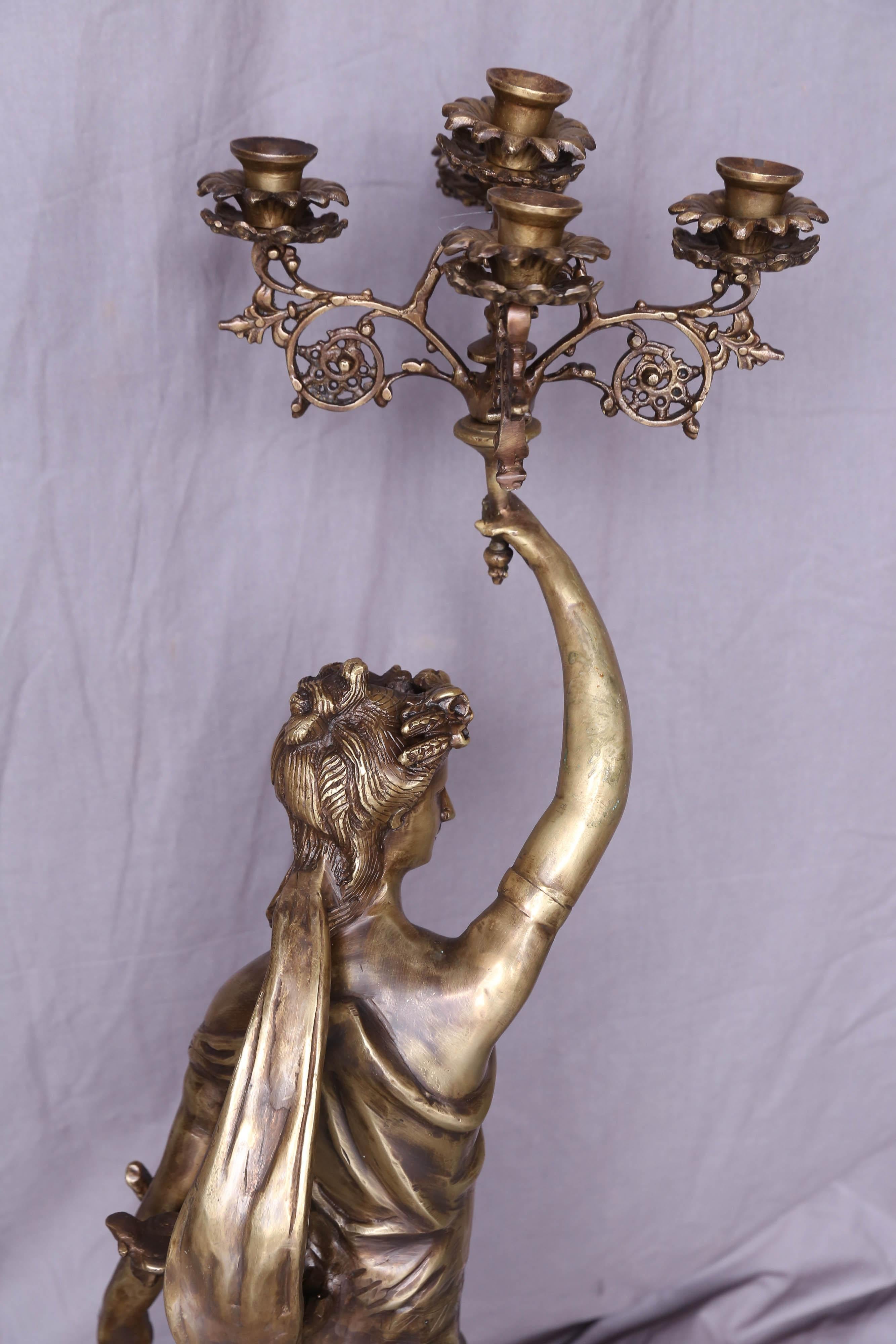 Pair of Hand Cast Bronze Continental Ladies Holding Five-Arm Candelabras For Sale 2