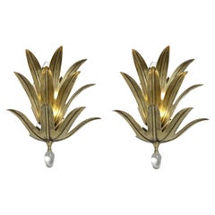 Pair of hand cast Bronze Pineapple leaf wall sconces with blown Glass finial