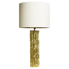 Paar handgegossene Keramik Zylinder Bambus Tischlampe in 24Ct Liquid Gold Glasur