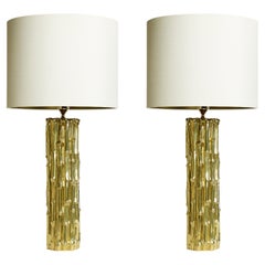 Paar handgegossene Keramik Zylinder Bambus Tischlampe in 24Ct Liquid Gold Glasur