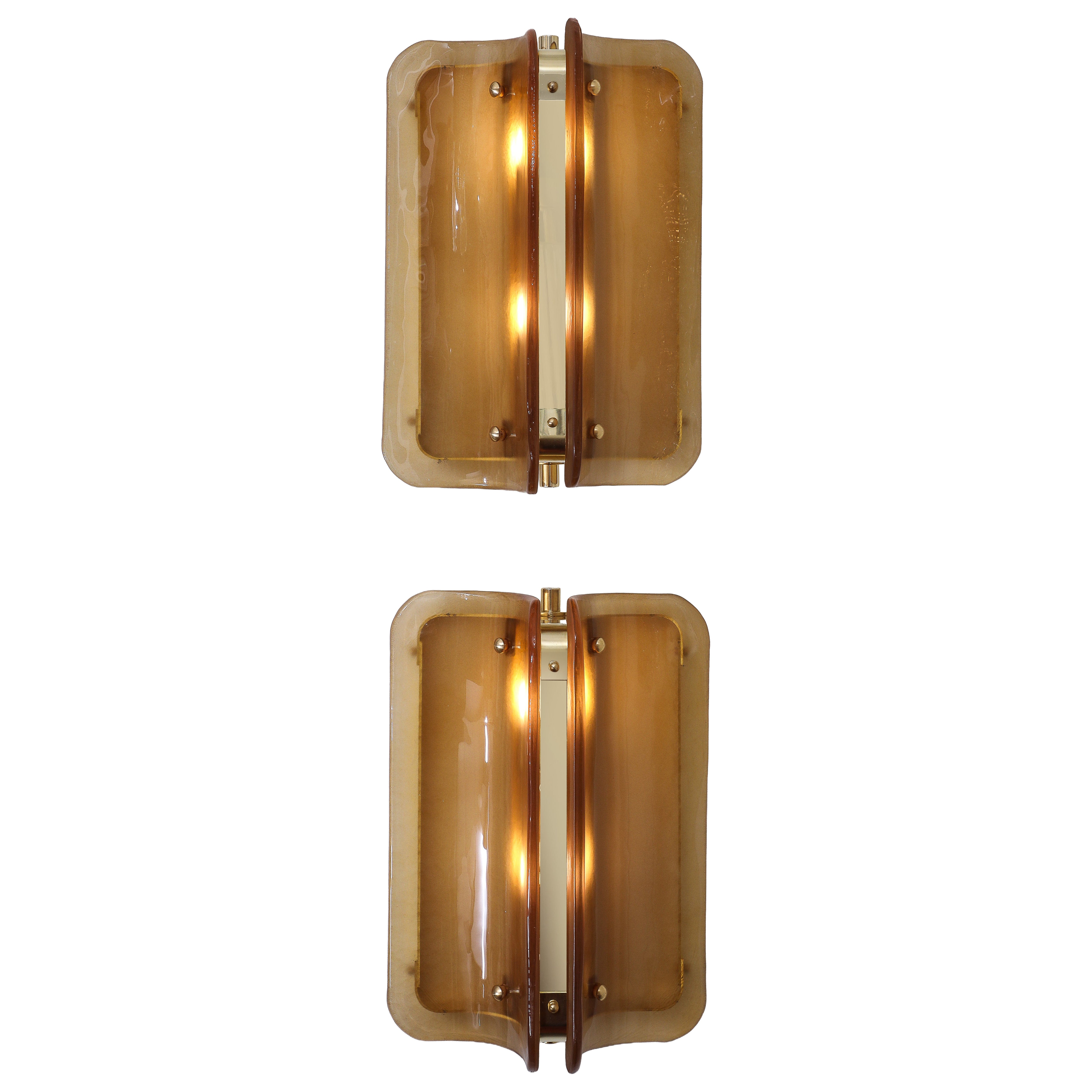 Pair of Hand-casted Murano Glass and Brass Wall Sconces in Cognac, Italy