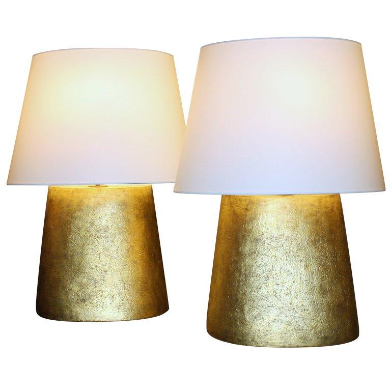 Pair of Hand-Coiled Gilded Ceramic Flat Back Lamps