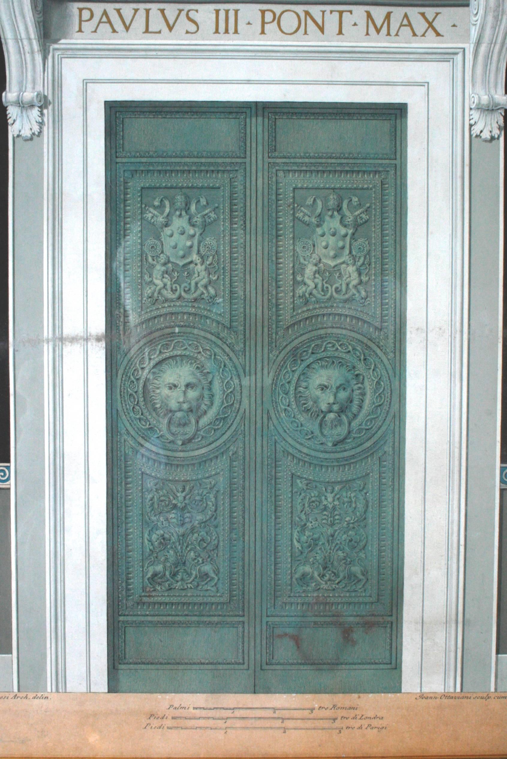 Pair of Hand Colored 18th Century Engravings of Vatican Doors In Good Condition In valatie, NY