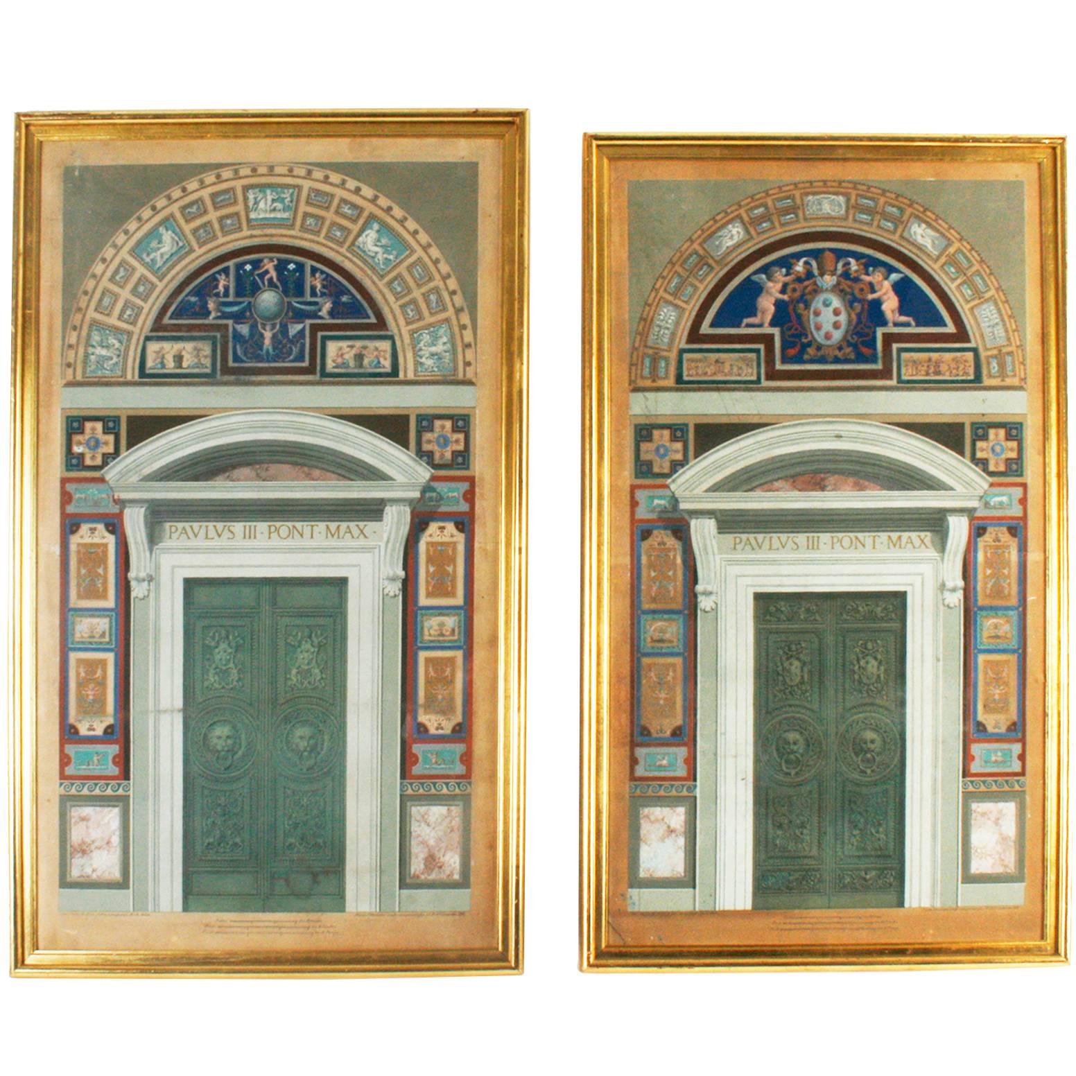Pair of Hand Colored 18th Century Engravings of Vatican Doors