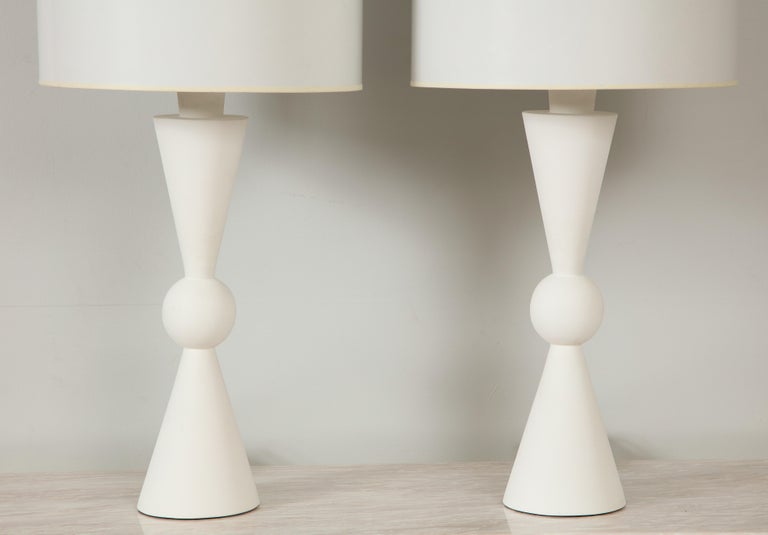 Pair of custom plaster Arlo table lamps. Please note these lamps are handcrafted and are customizable- can be made in a variety of sizes, may even be crafted as a floor lamp. These are also UL listed.