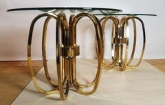 Pair of Hand Crafted Elliptical Brass Frame Side Tables Glass Tops Italy 1970s
