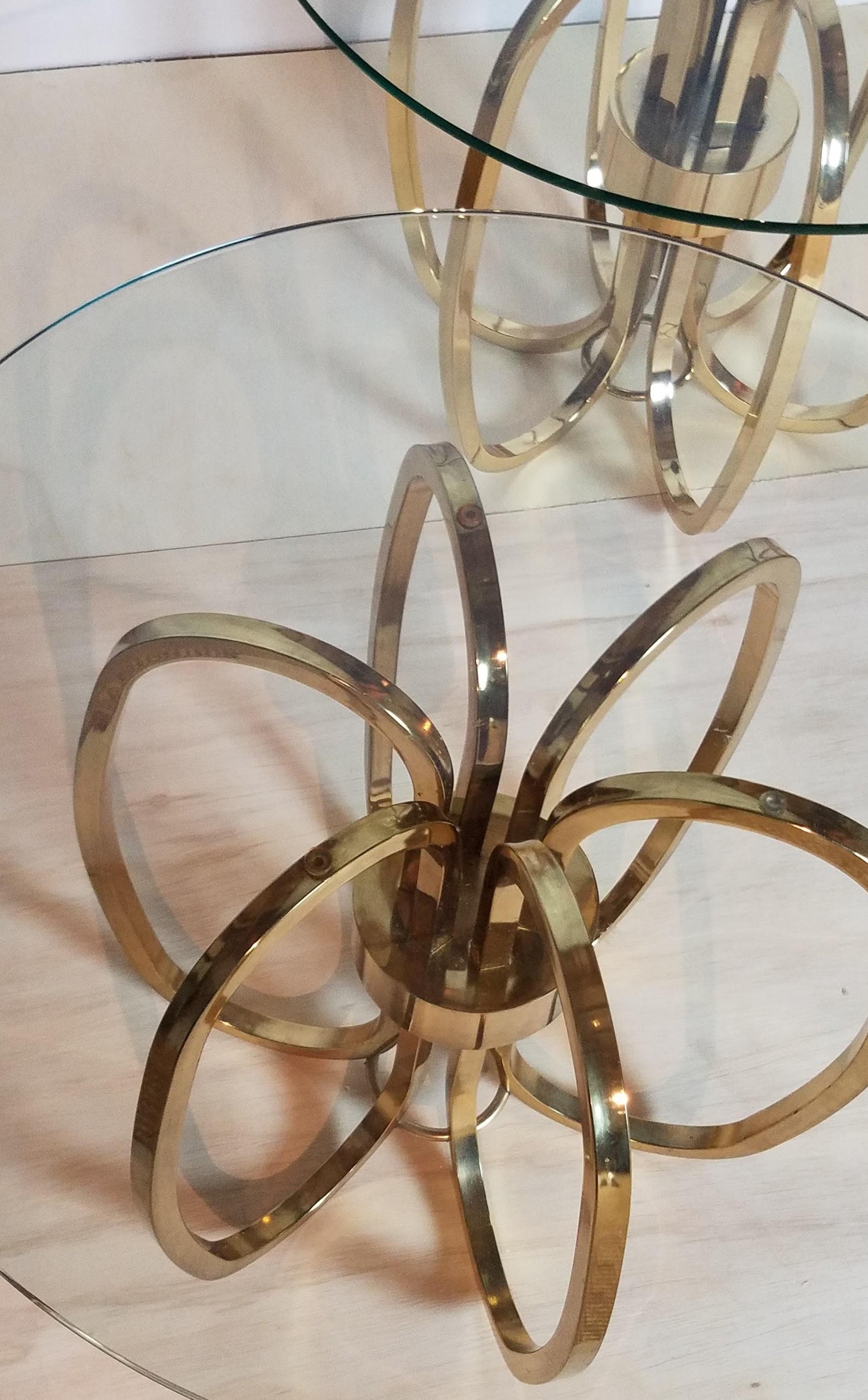 Hand-Crafted Pair of Hand Crafted Elliptical Brass Frame Side Tables Glass Tops Italy 1970s For Sale
