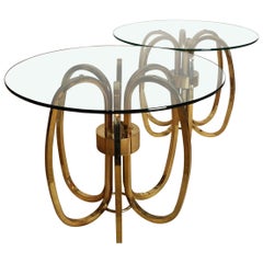 Pair of Hand Crafted Elliptical Brass Frame Side Tables Glass Tops Italy 1970s