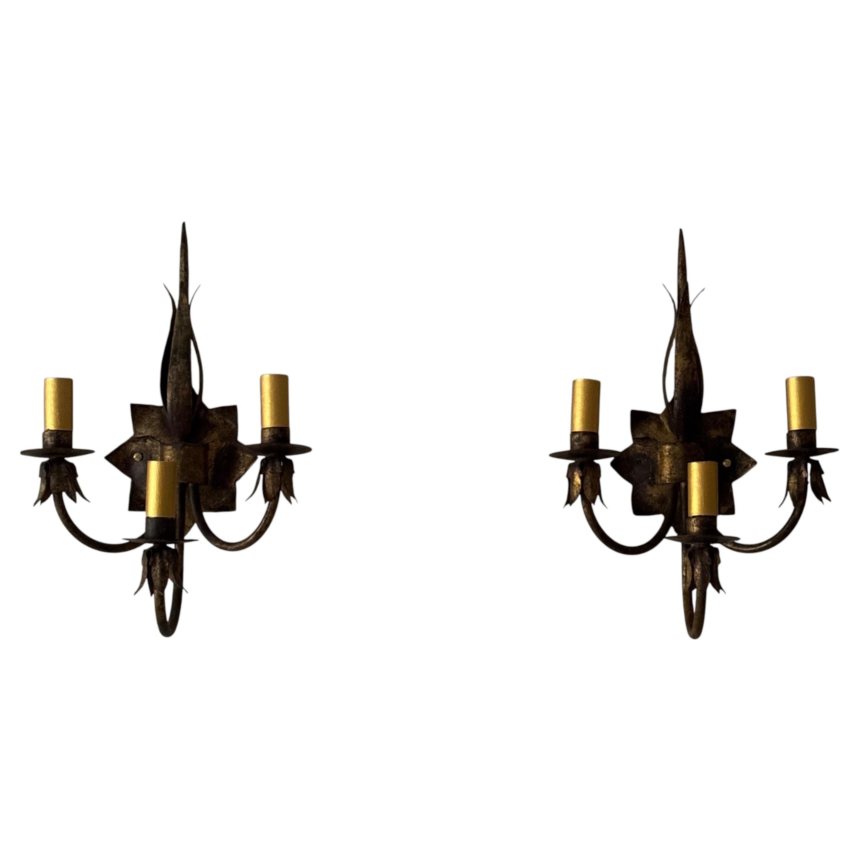 Pair of Hand-Crafted Ferrocolor Wall Sconces, Gilt Metal, Spain, 1960s For Sale