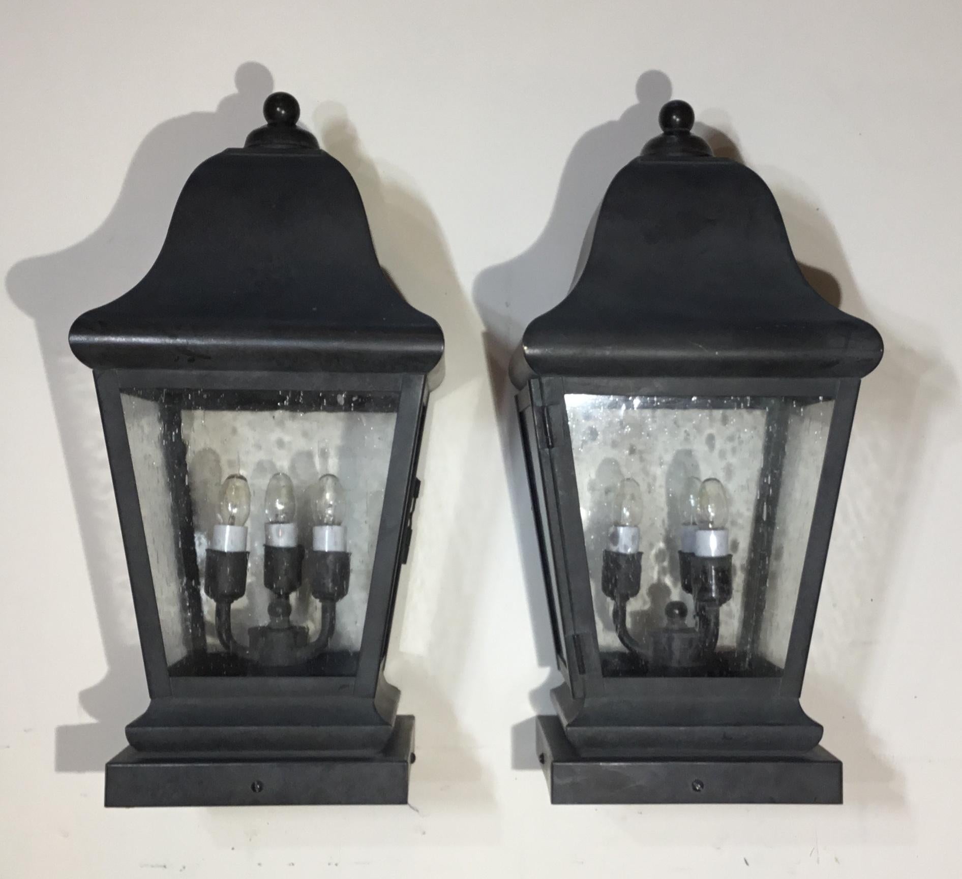 Pair of Hand Crafted Solid Brass Post Lantern In Good Condition In Delray Beach, FL