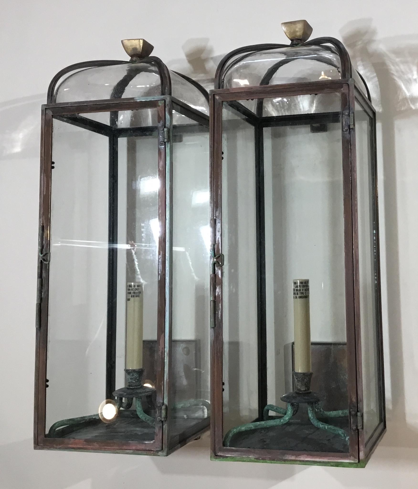 American Pair of Handcrafted Solid Bronze and Brass Wall Lantern