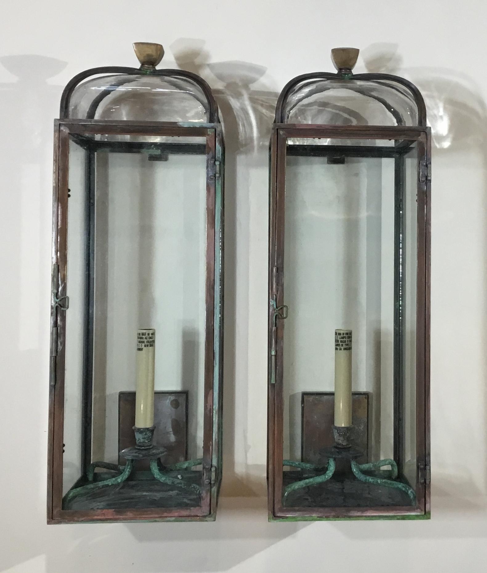 Contemporary Pair of Handcrafted Solid Bronze and Brass Wall Lantern