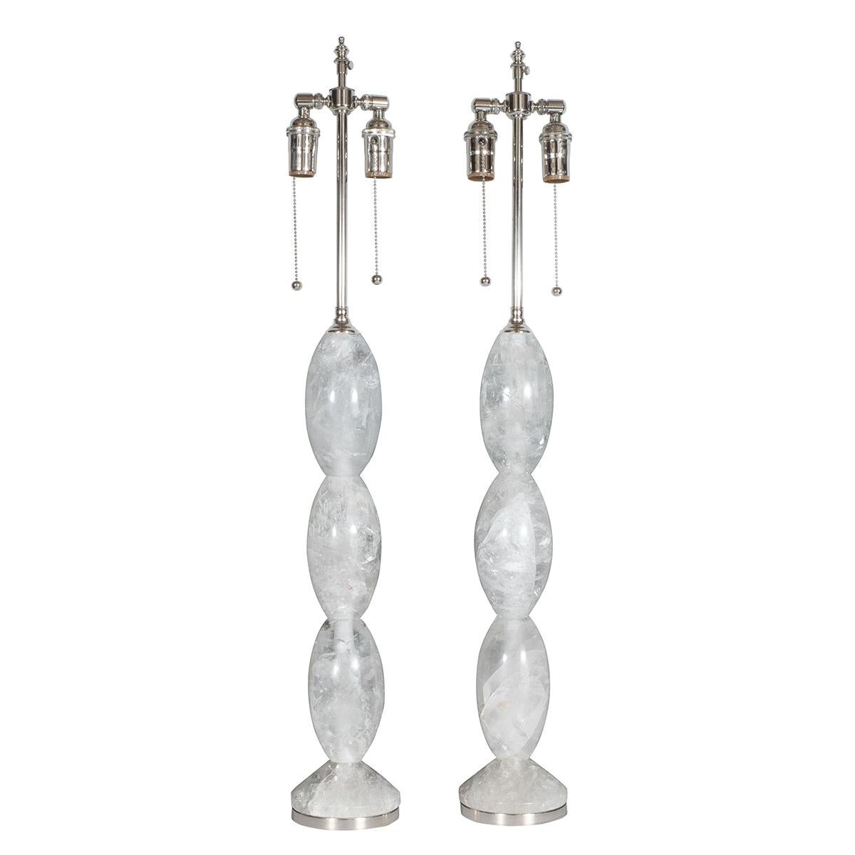 Pair of nickel table lamps composed of hand-cut and polished oval-shaped rock crystal elements by Marcelo Bessa for Spark Interior.

-This item is made of natural materials in excellent condition. There may be inherent flaws to the stone that are
