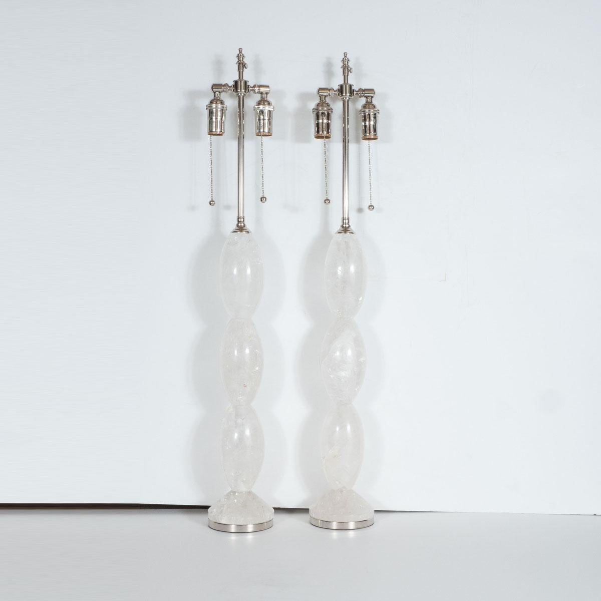 American Pair of Hand-Cut and Polished Stacked Rock Crystal Table Lamps by Spark Interior For Sale