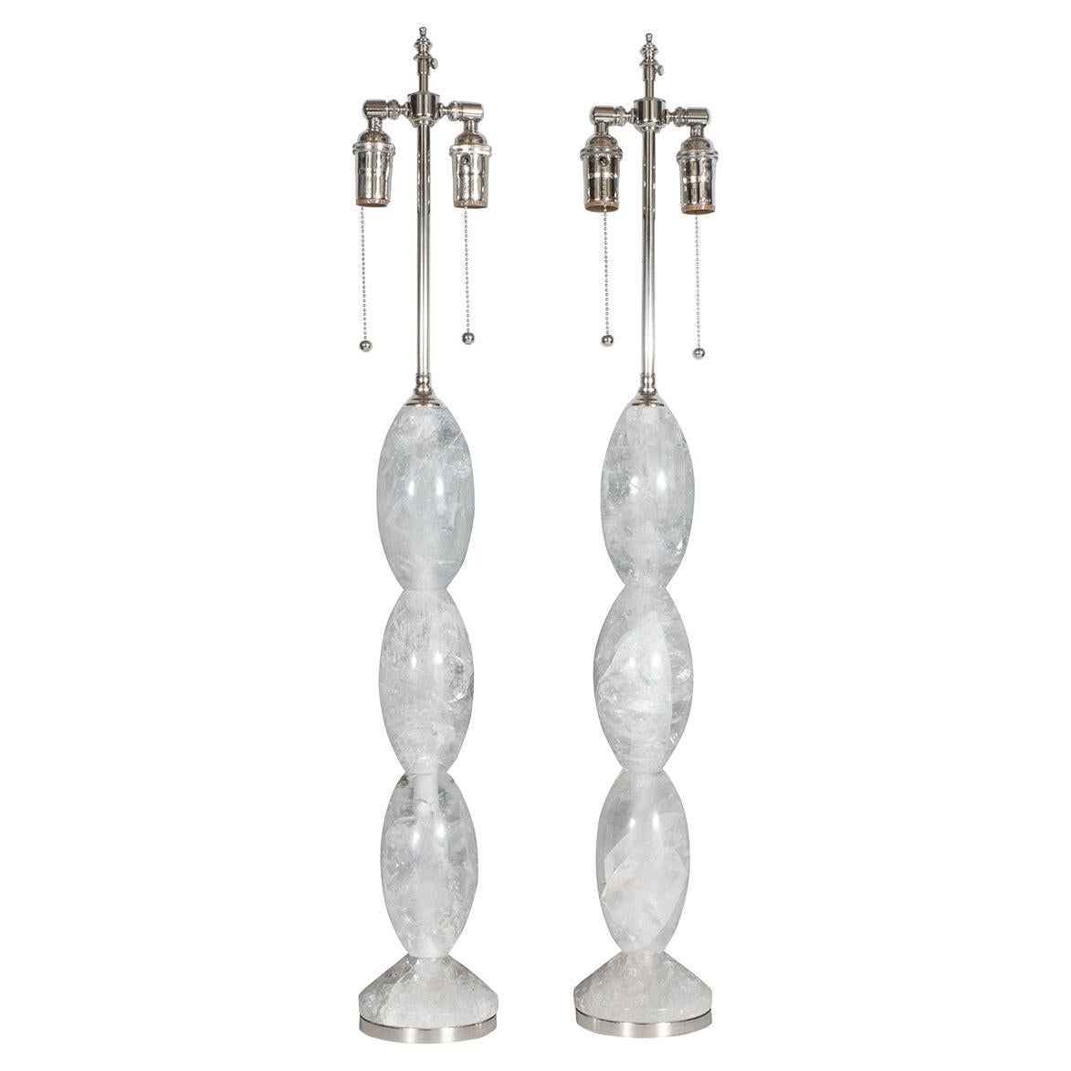Pair of Hand-Cut and Polished Stacked Rock Crystal Table Lamps by Spark Interior For Sale