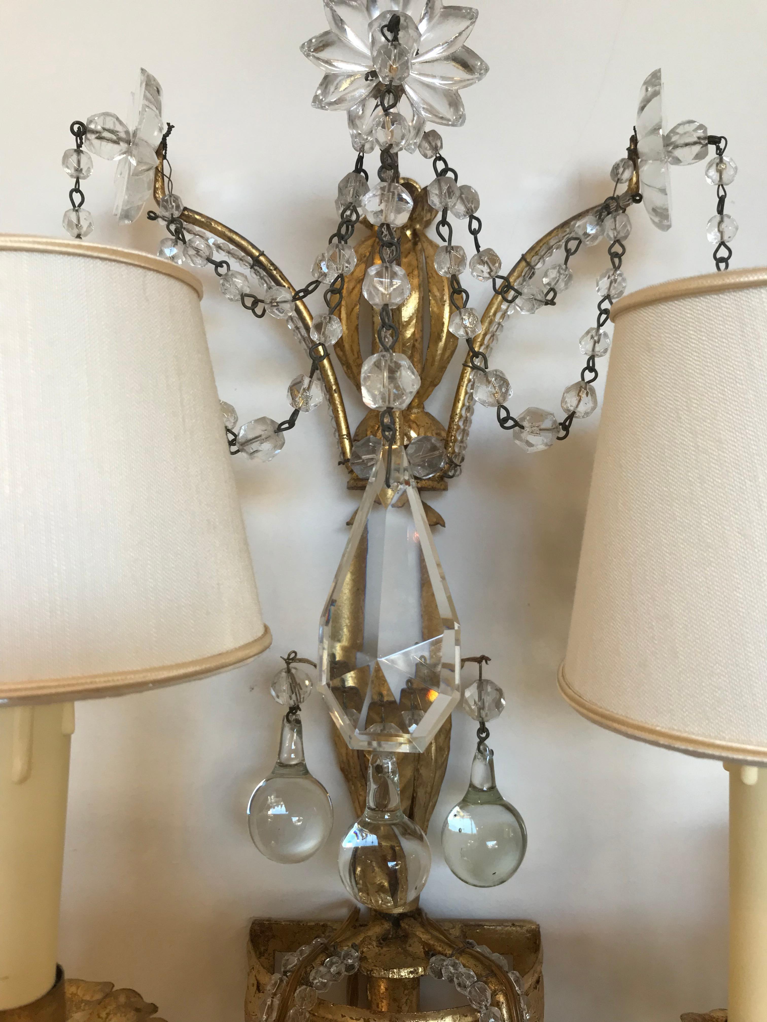 Empire Pair of Handcut Crystal and Gilded Metal Five-Light Wall Scones Lights For Sale