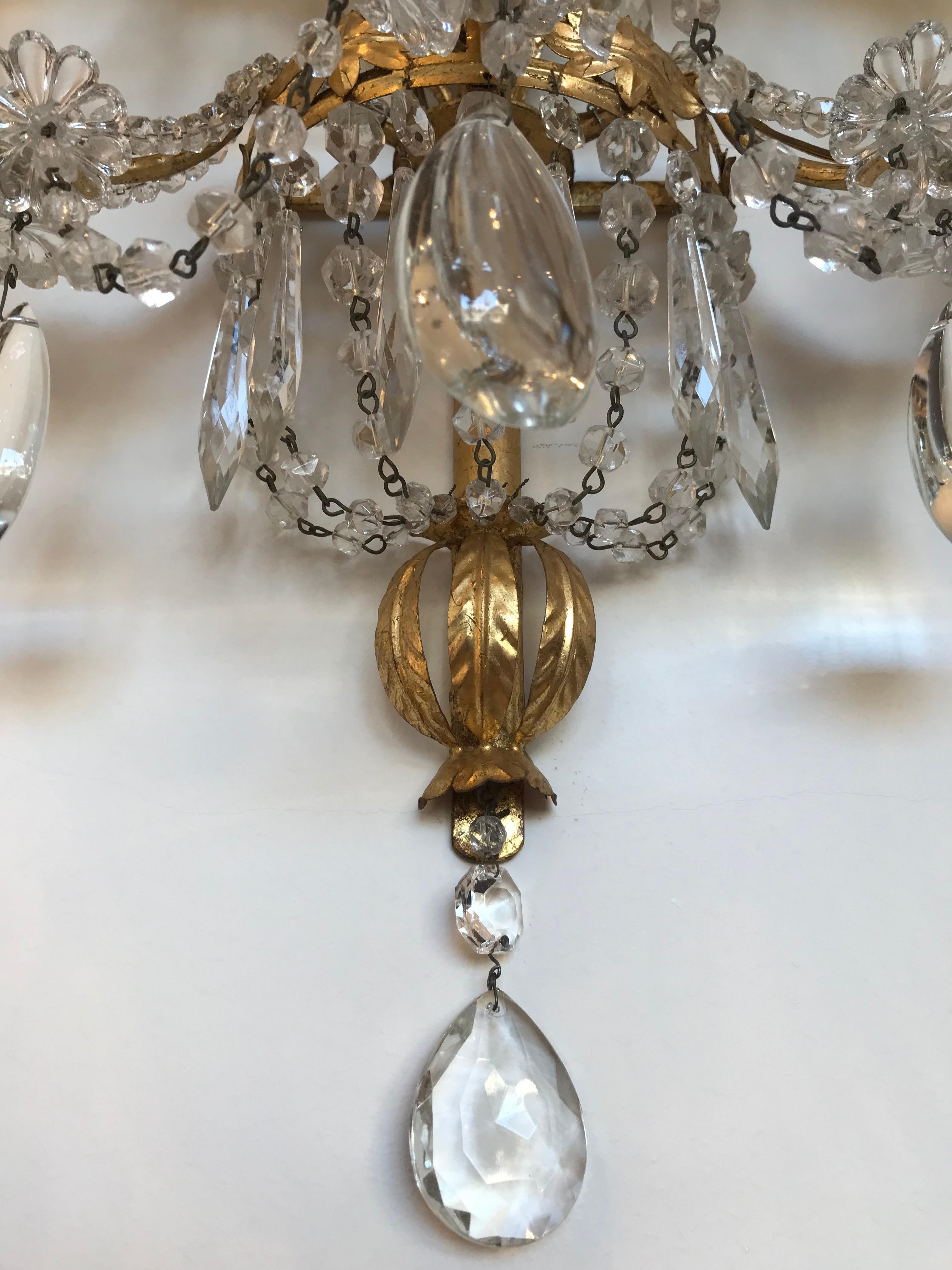 Italian Pair of Handcut Crystal and Gilded Metal Five-Light Wall Scones Lights For Sale