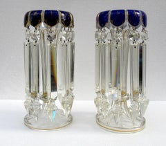 Pair of Hand Cut Lead Crystal Bohemian Cobalt Blue Enamel Gilt Lusters 19thCt