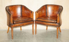 PAIR OF HAND DYED BROWN LEATHER DAVENPORT BARREL BACK CHESTERFIELD ARMCHAIRs
