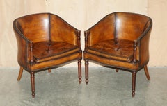 PAIR OF HAND DYED BROWN LEATHER THOMAS CHIPPENDALE CHESTERFIELD TUB ARMCHAiRS