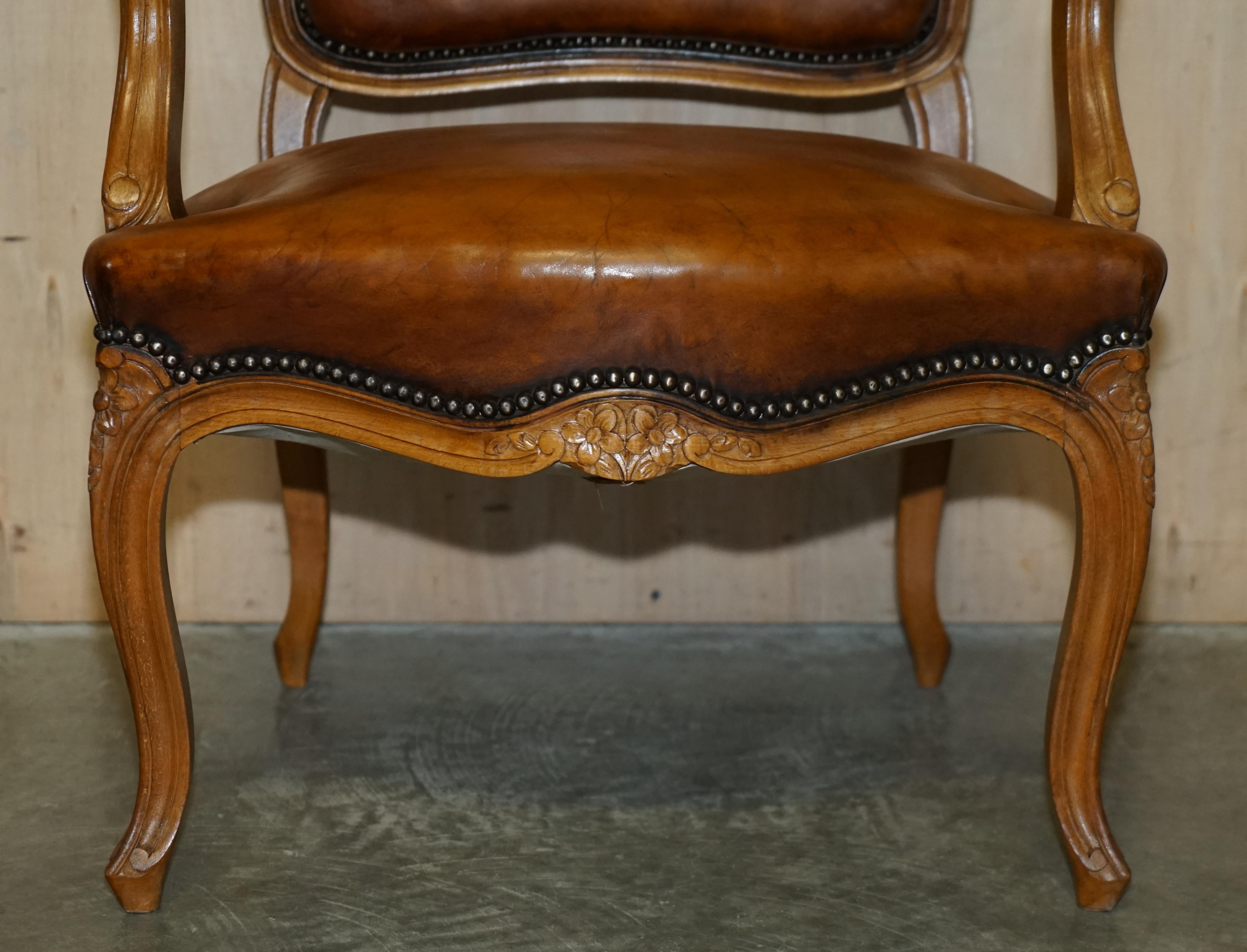 Pair of Hand Dyed Cigar Brown Leather French Louis XV Style Walnut Armchairs 6