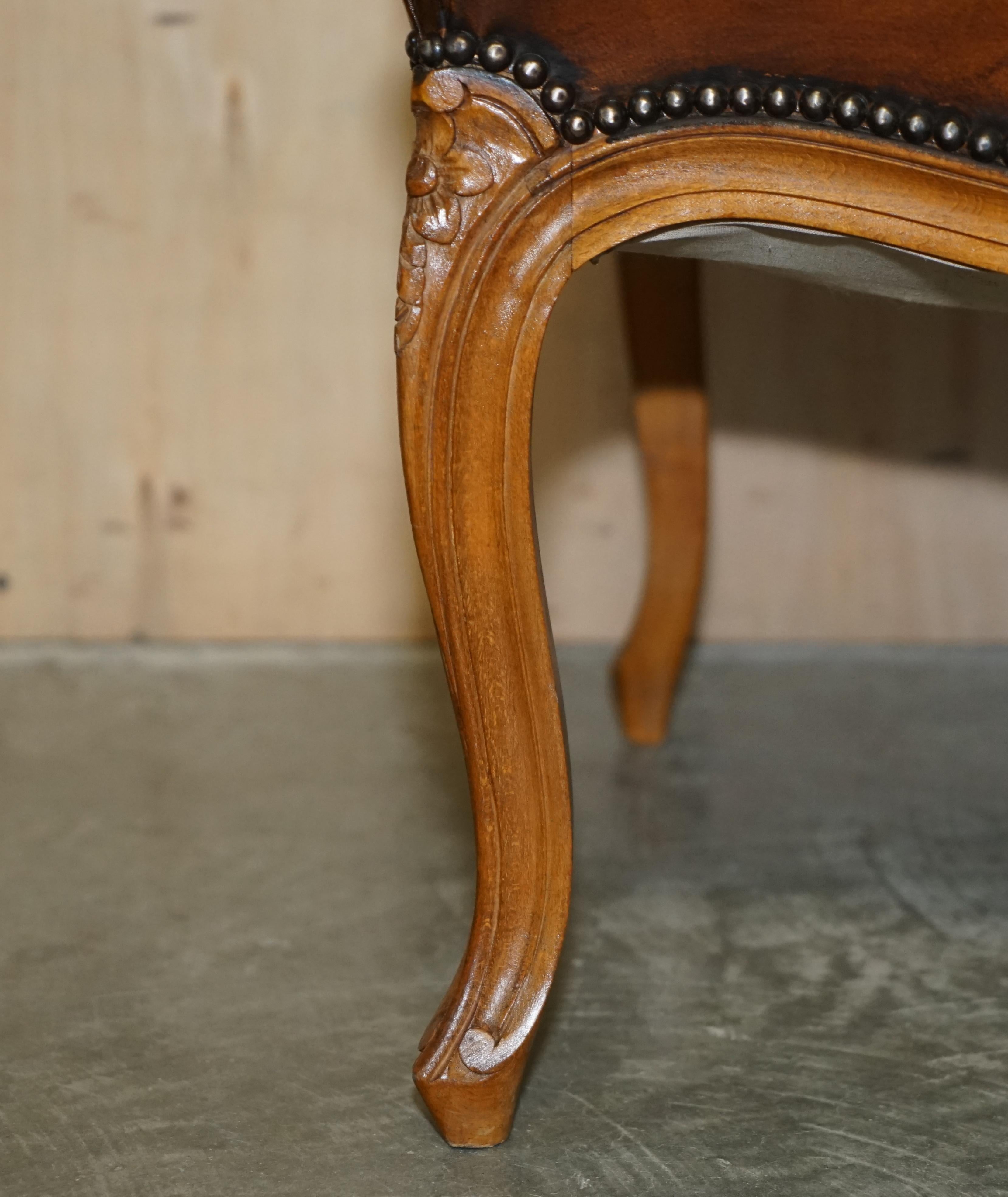 Pair of Hand Dyed Cigar Brown Leather French Louis XV Style Walnut Armchairs 7