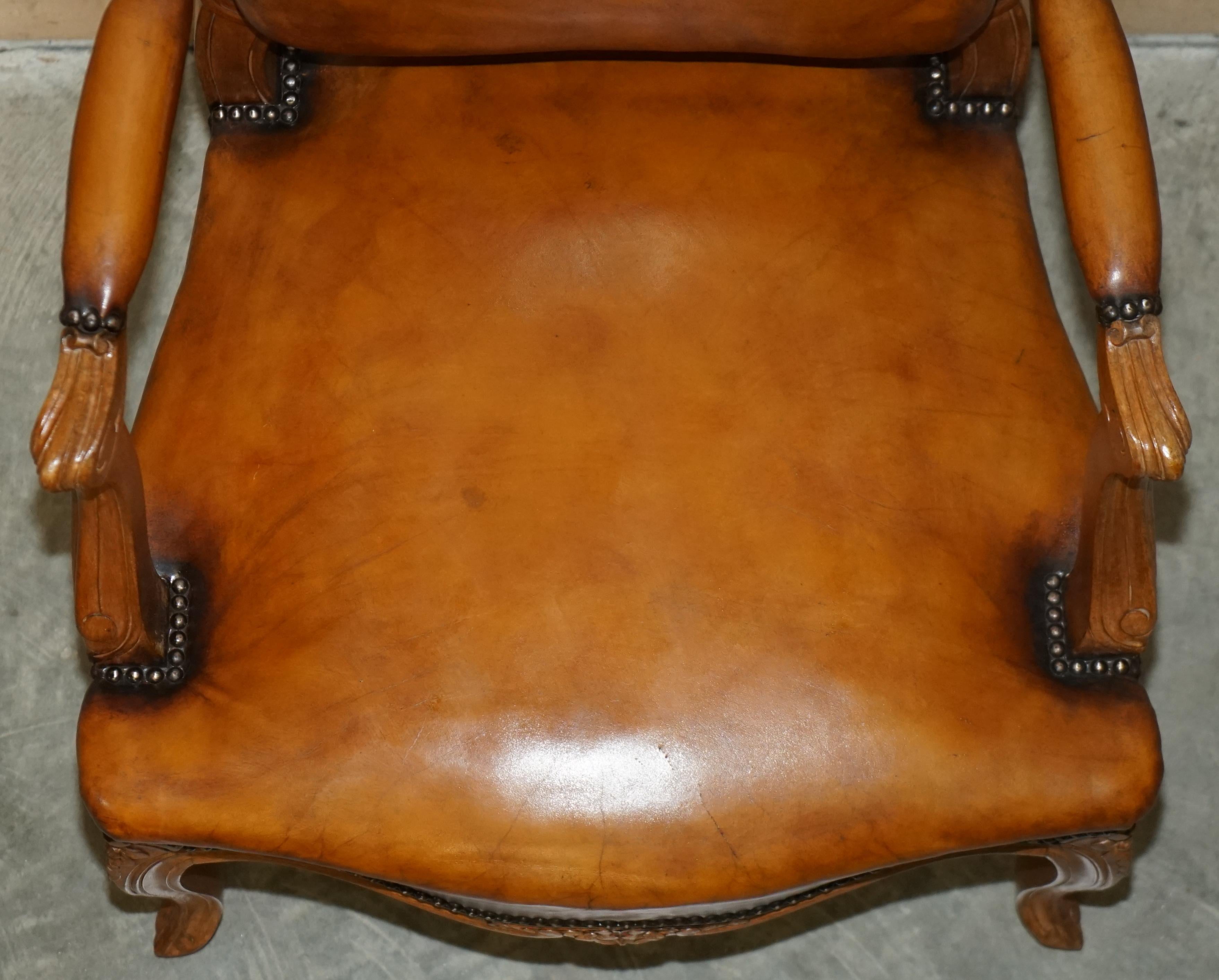 Pair of Hand Dyed Cigar Brown Leather French Louis XV Style Walnut Armchairs 12