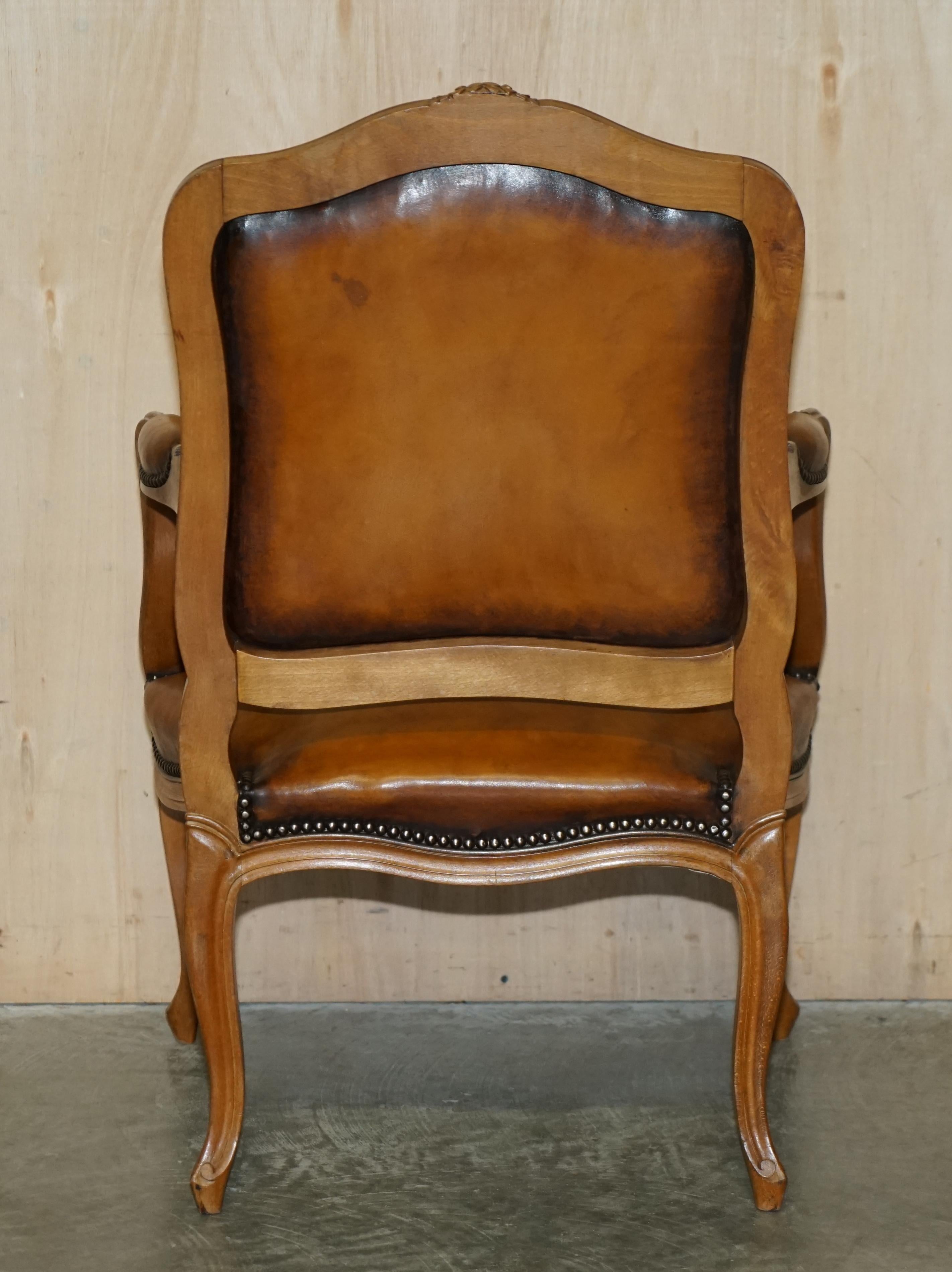 Pair of Hand Dyed Cigar Brown Leather French Louis XV Style Walnut Armchairs 14