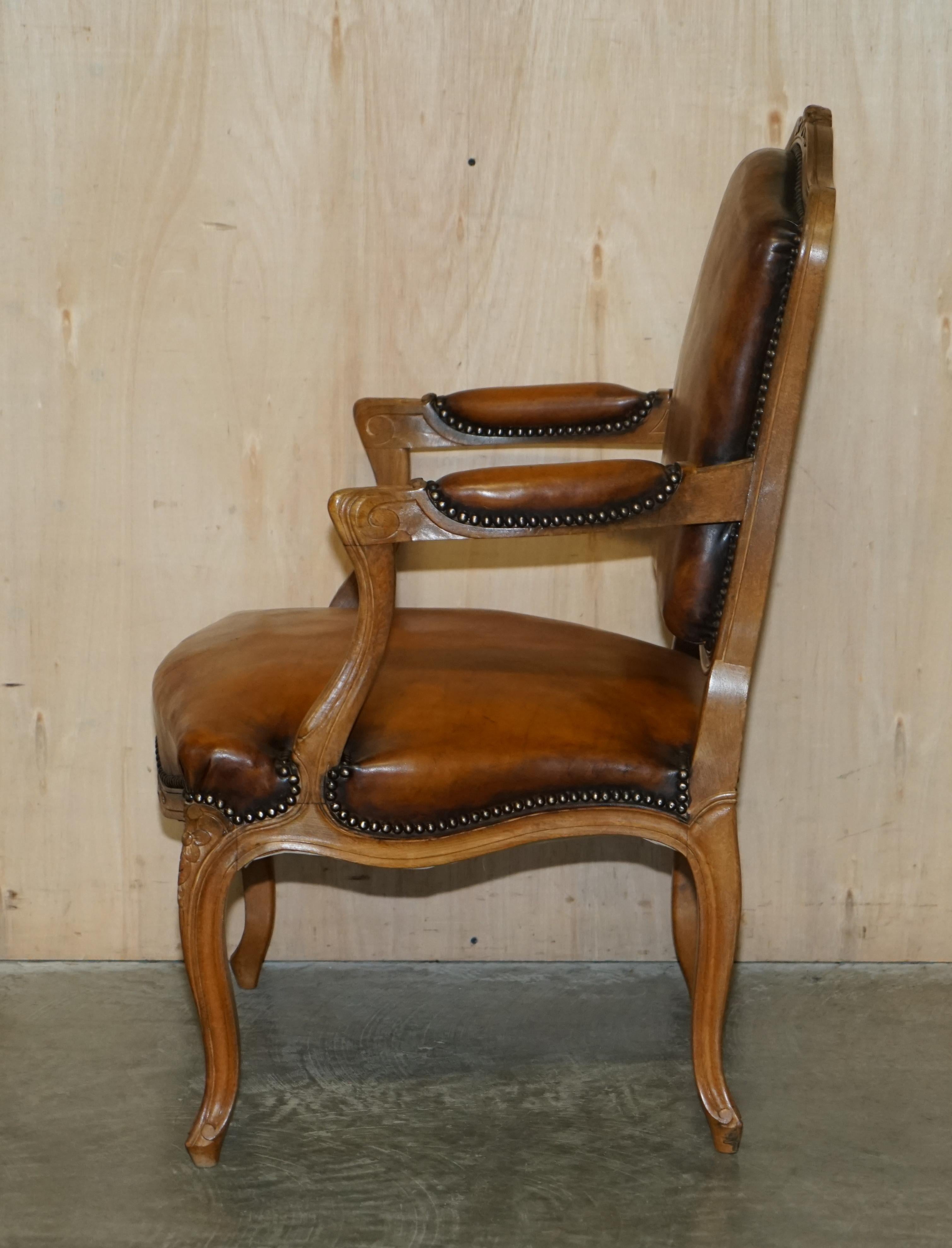 Pair of Hand Dyed Cigar Brown Leather French Louis XV Style Walnut Armchairs 15