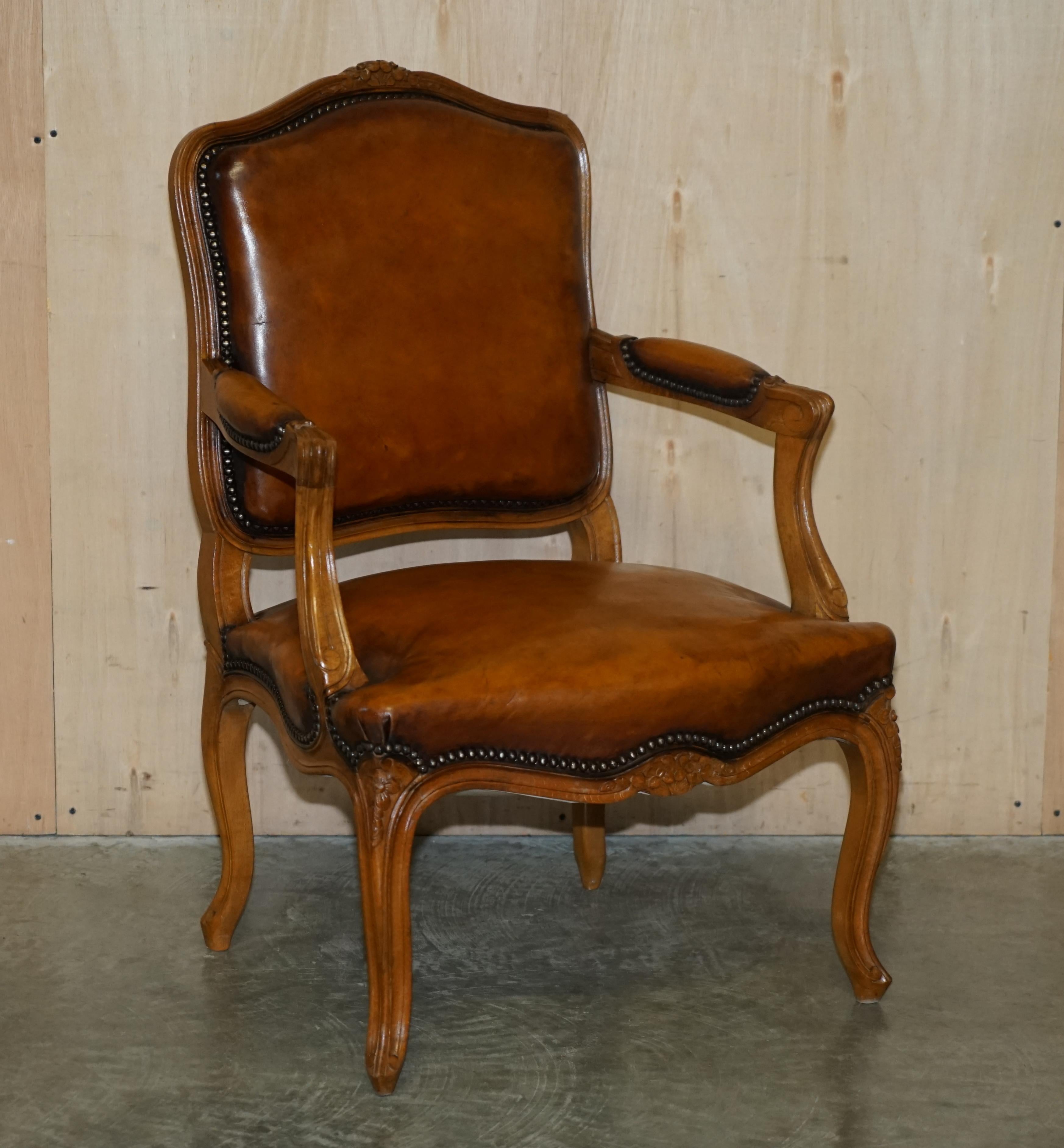 Pair of Hand Dyed Cigar Brown Leather French Louis XV Style Walnut Armchairs 16