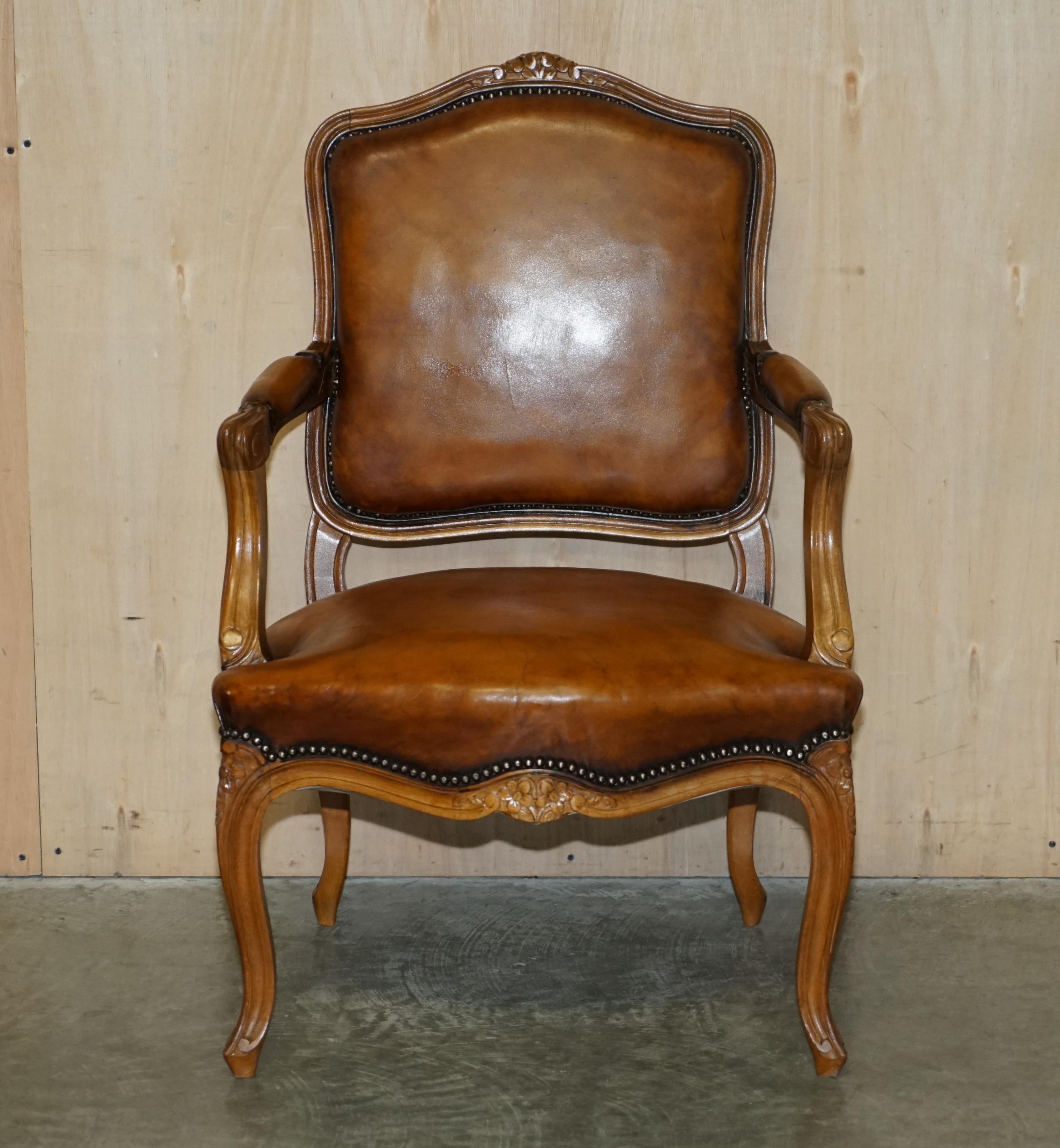 Hand-Crafted Pair of Hand Dyed Cigar Brown Leather French Louis XV Style Walnut Armchairs