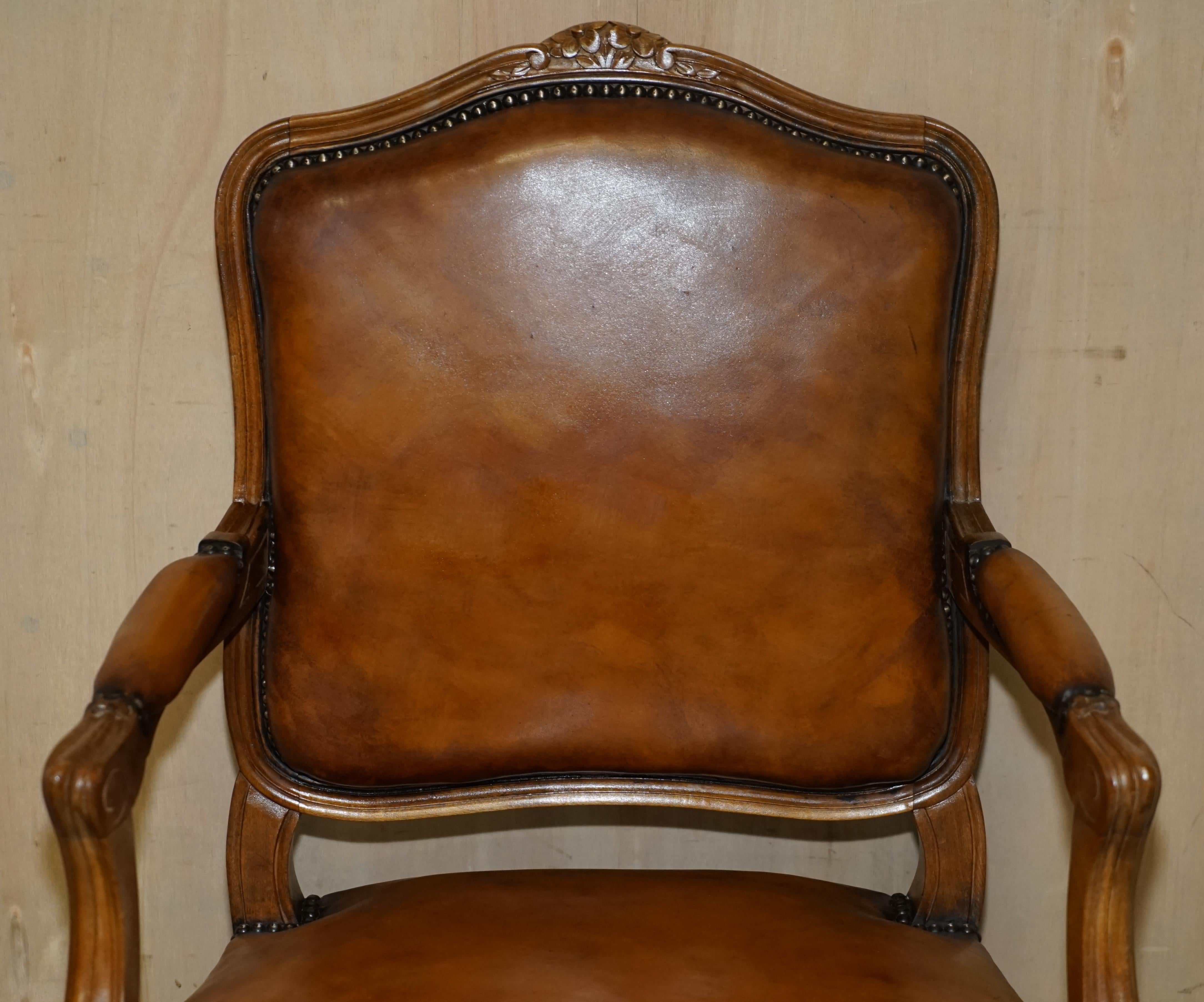 20th Century Pair of Hand Dyed Cigar Brown Leather French Louis XV Style Walnut Armchairs