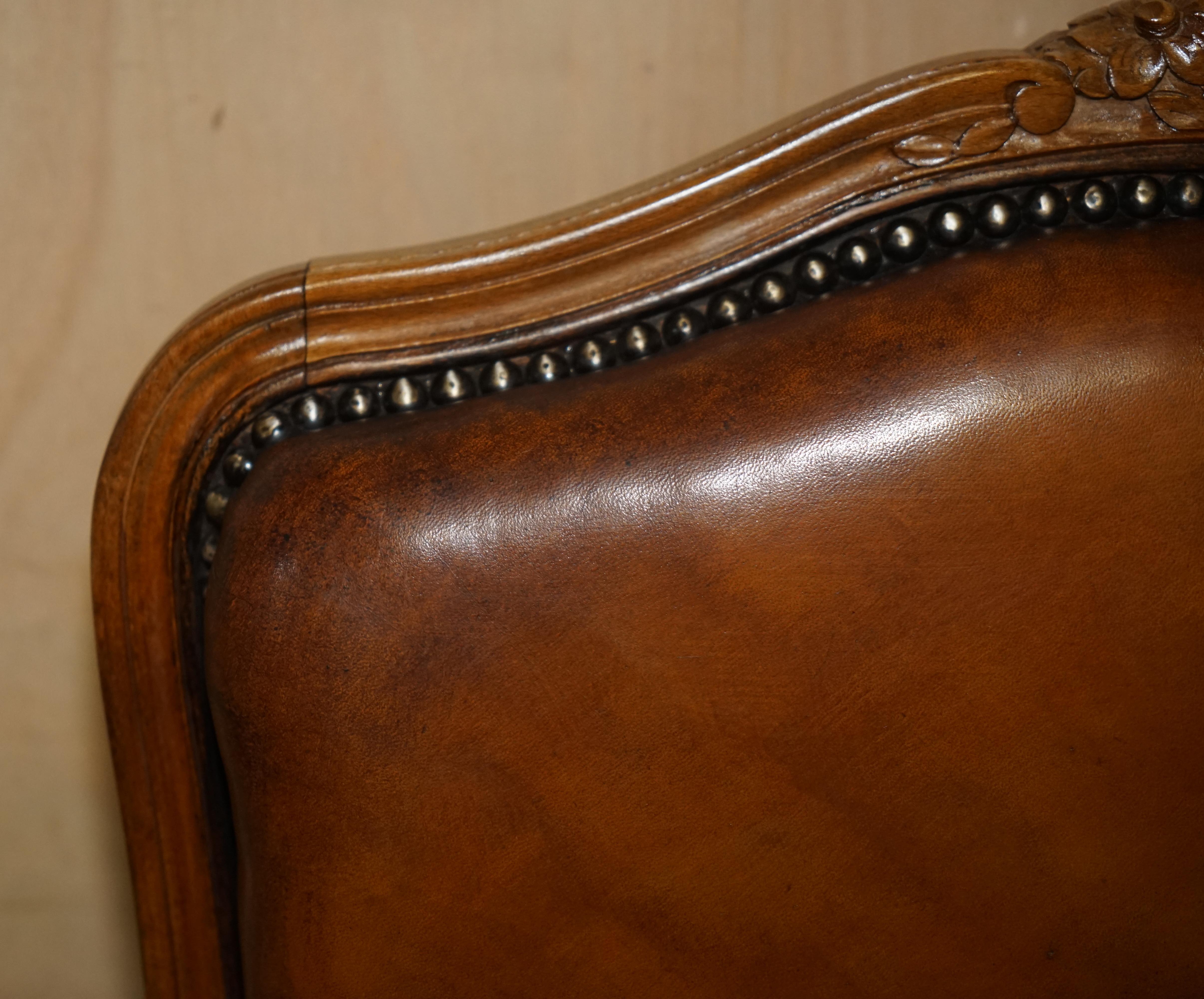 Pair of Hand Dyed Cigar Brown Leather French Louis XV Style Walnut Armchairs 1