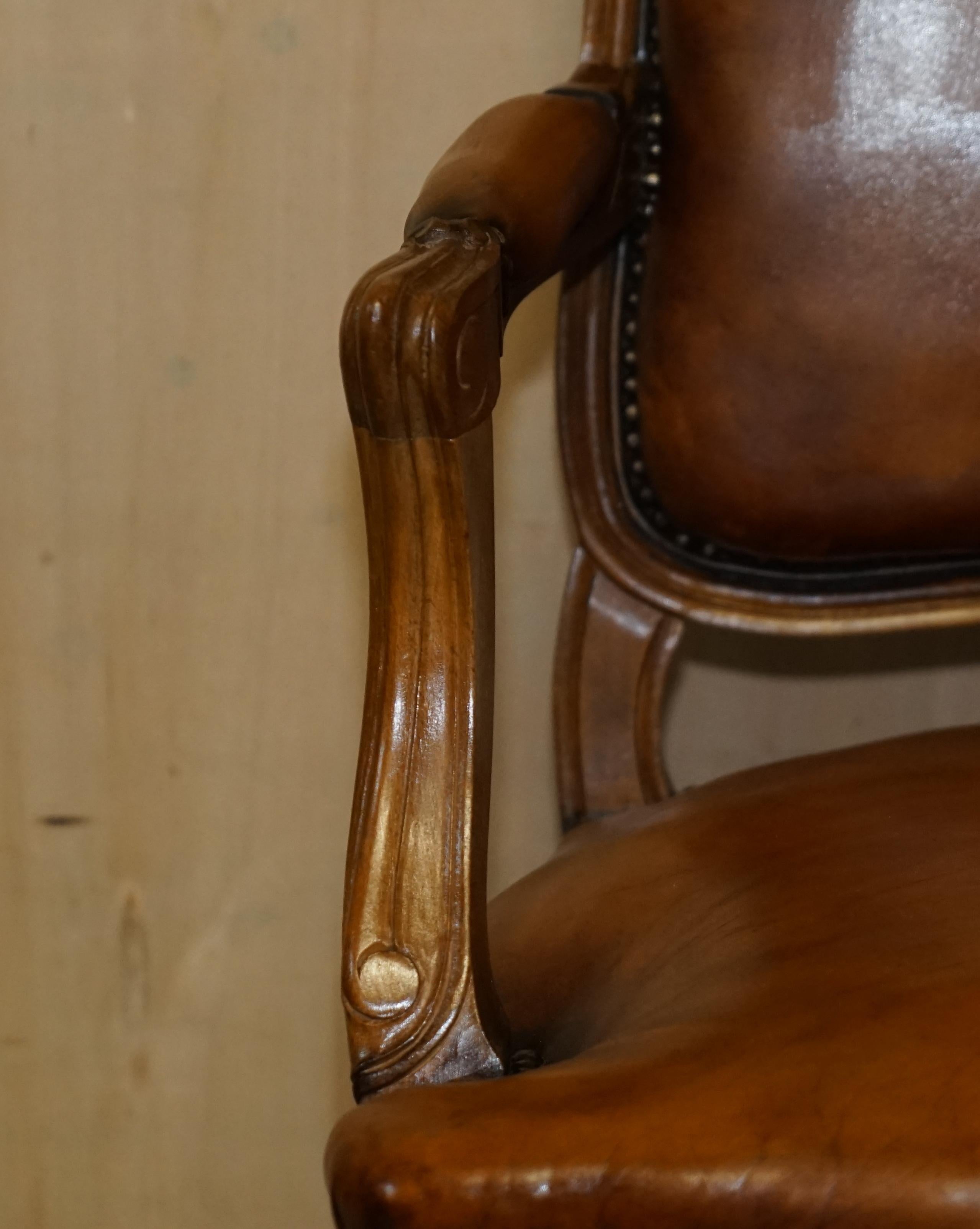 Pair of Hand Dyed Cigar Brown Leather French Louis XV Style Walnut Armchairs 3