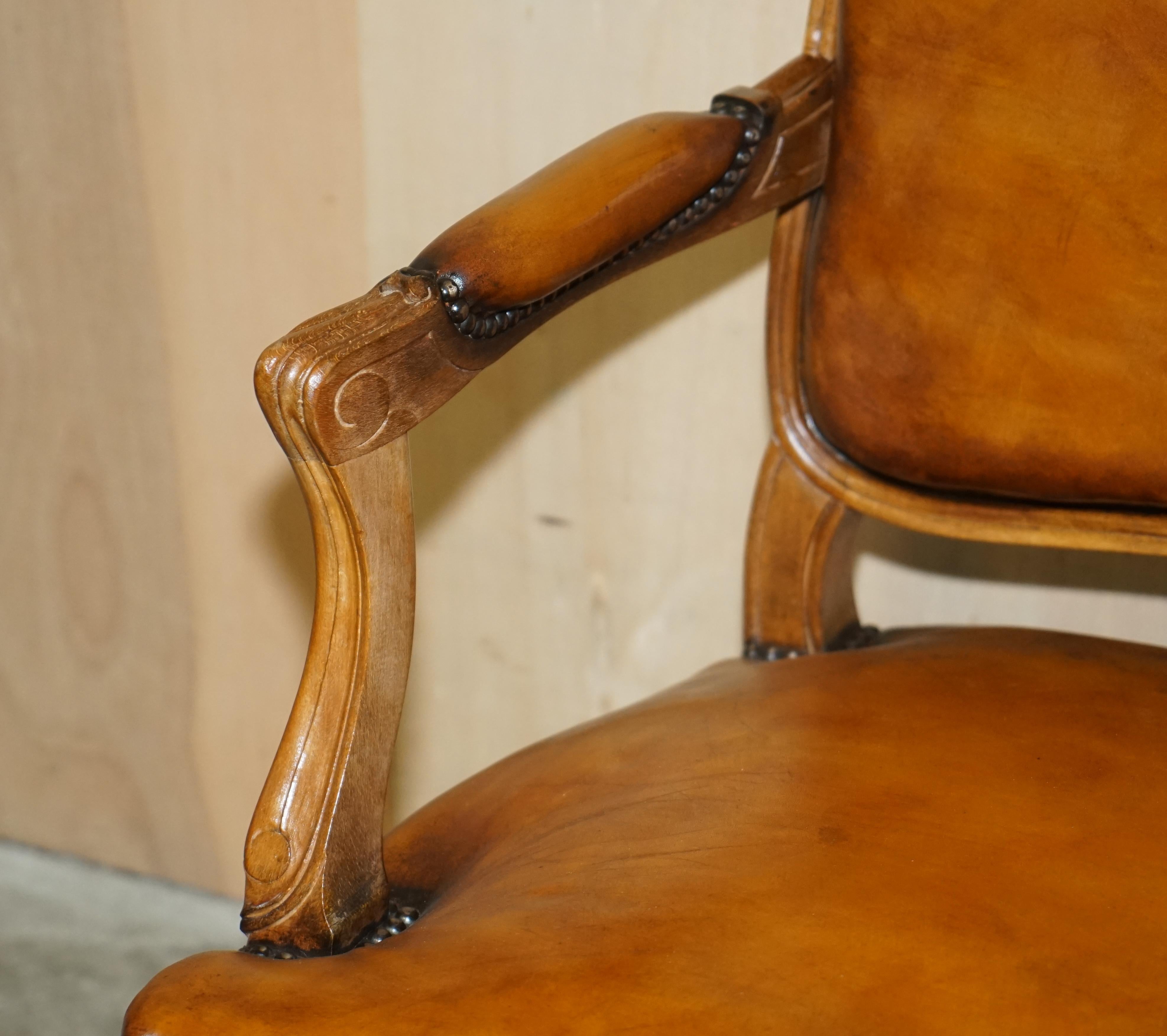 Pair of Hand Dyed Cigar Brown Leather French Louis XV Style Walnut Armchairs 4