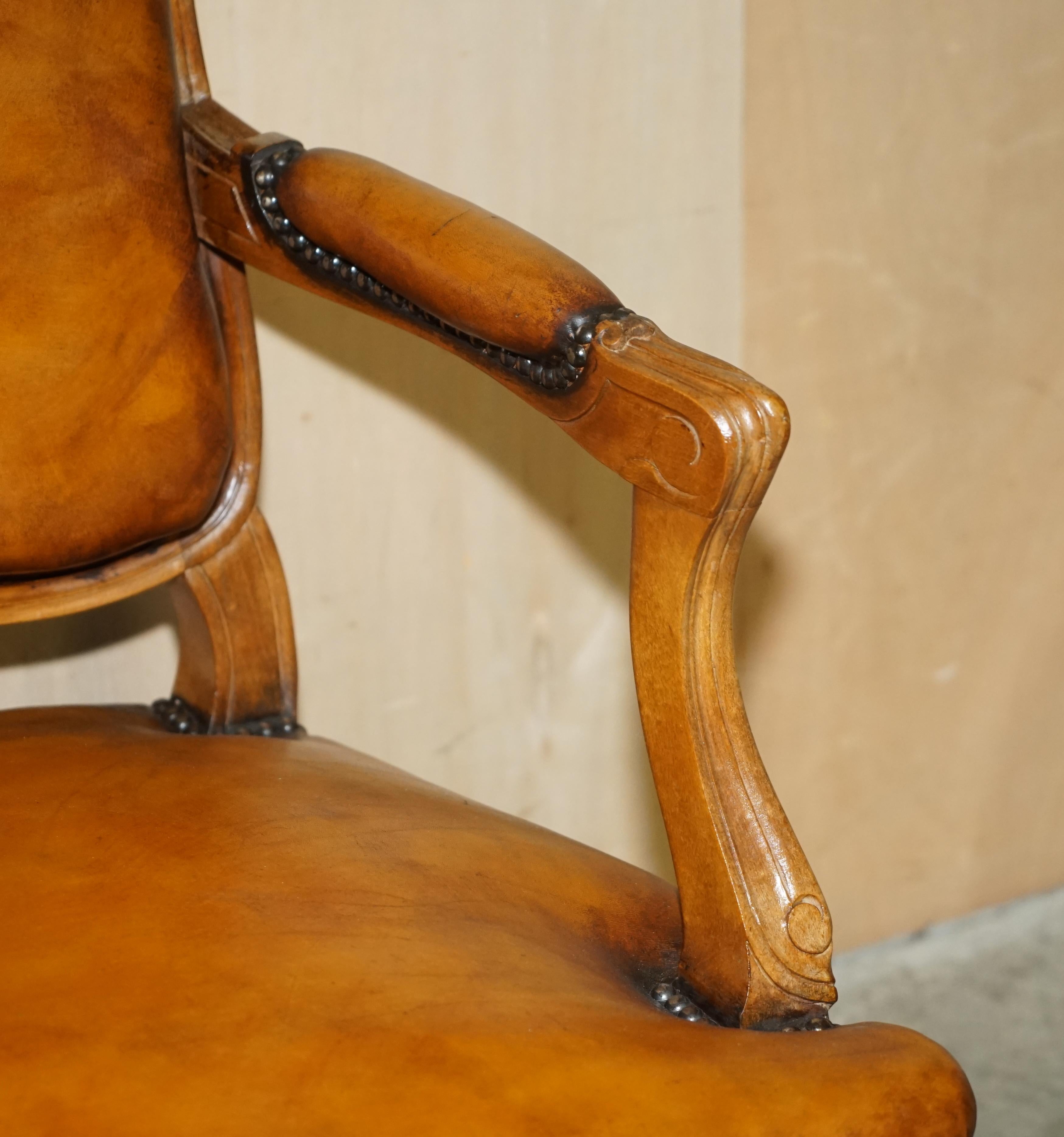 Pair of Hand Dyed Cigar Brown Leather French Louis XV Style Walnut Armchairs 5