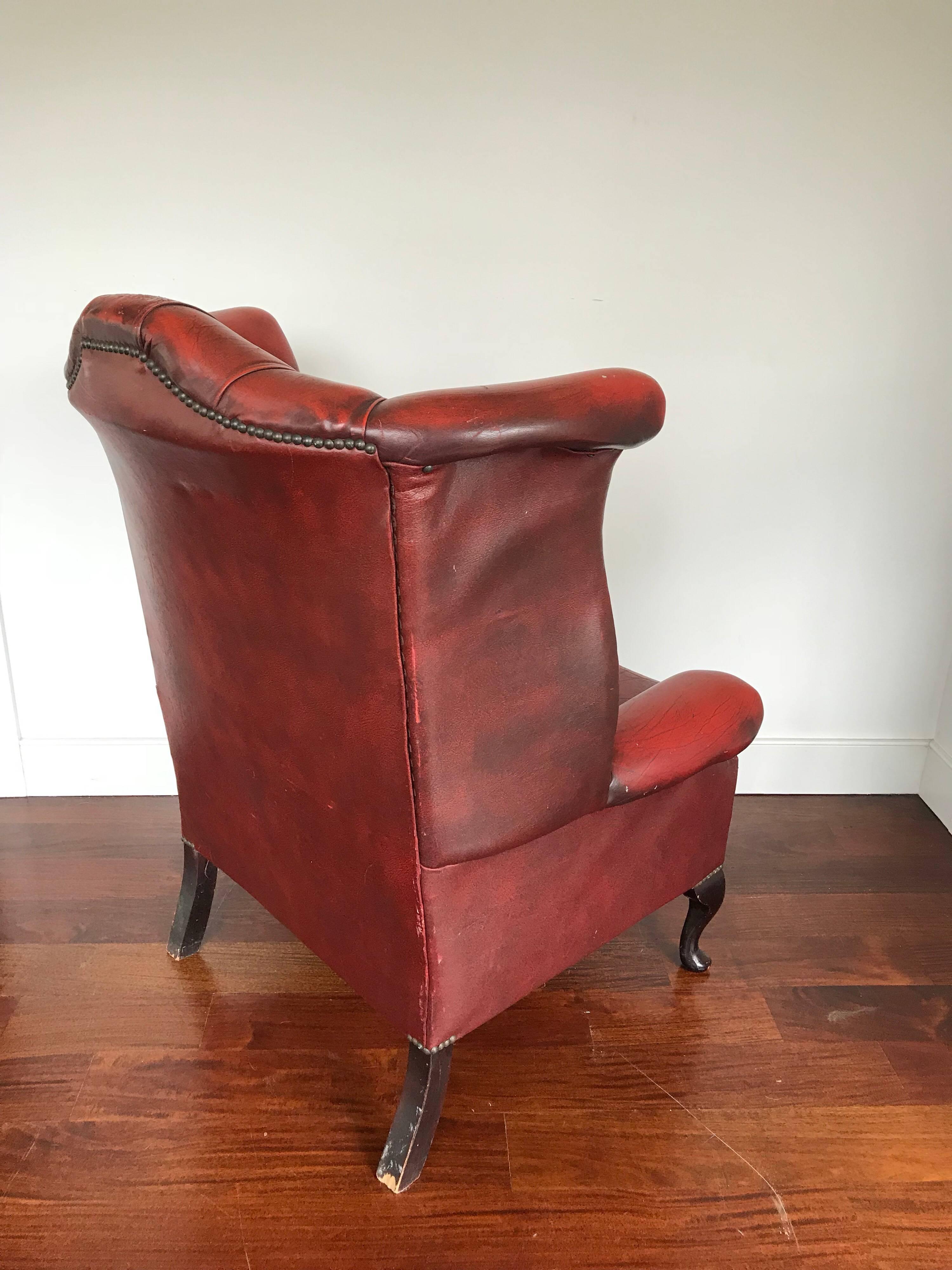 Pair of Hand Dyed Red Leather Wingback Chairs For Sale at 1stDibs red