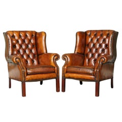 Pair of Hand Dyed Whiskey Brown Leather Chesterfield Wingback Chairs