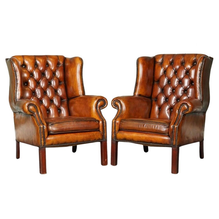 Pair of Hand Dyed Whiskey Brown Leather Chesterfield Wingback Chairs at