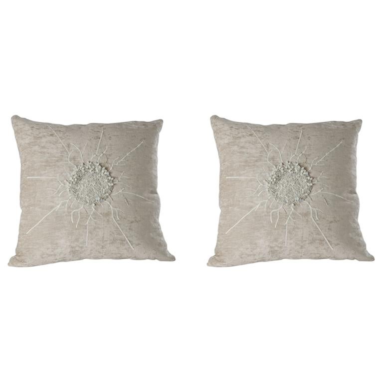 Pair of Hand Embroidered Chenille Pillows by Miguel Cisterna, France, 2014